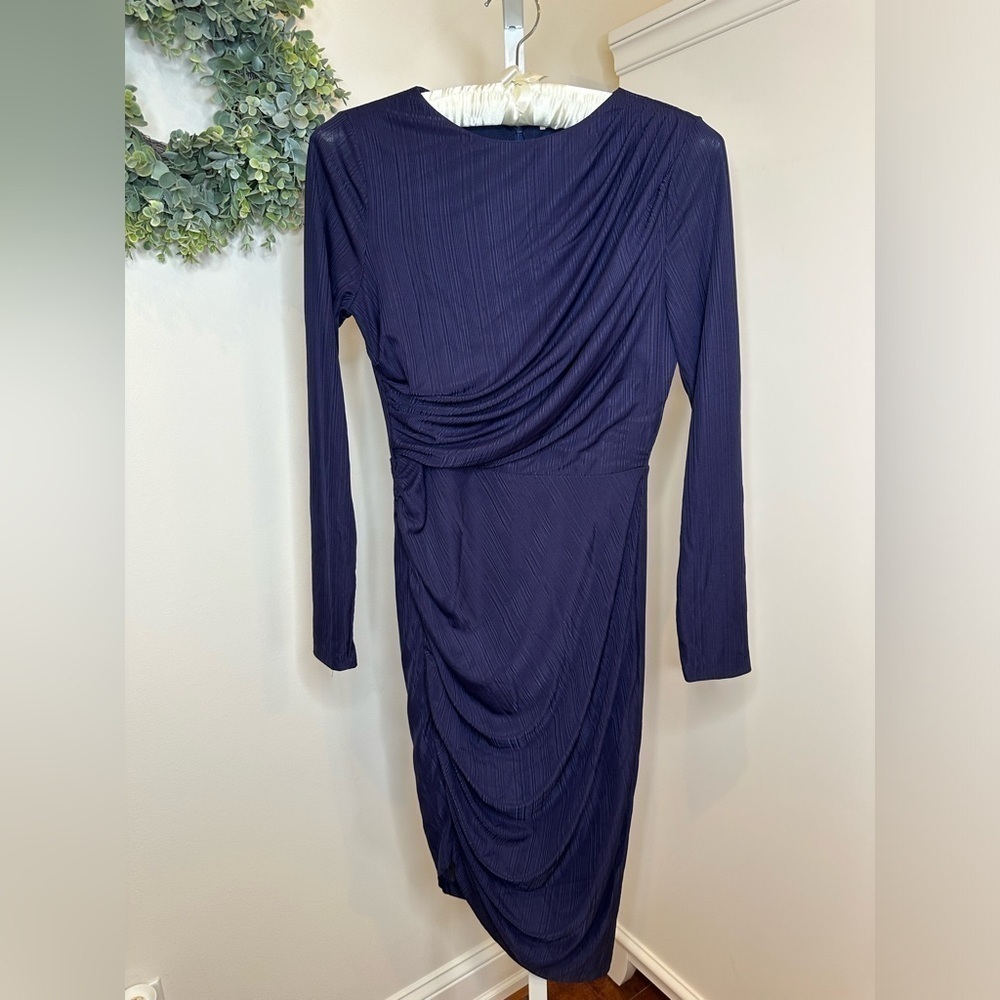See the Shades Long Sleeve Ruched Midi Dress in Navy Blue Size Small NWT
